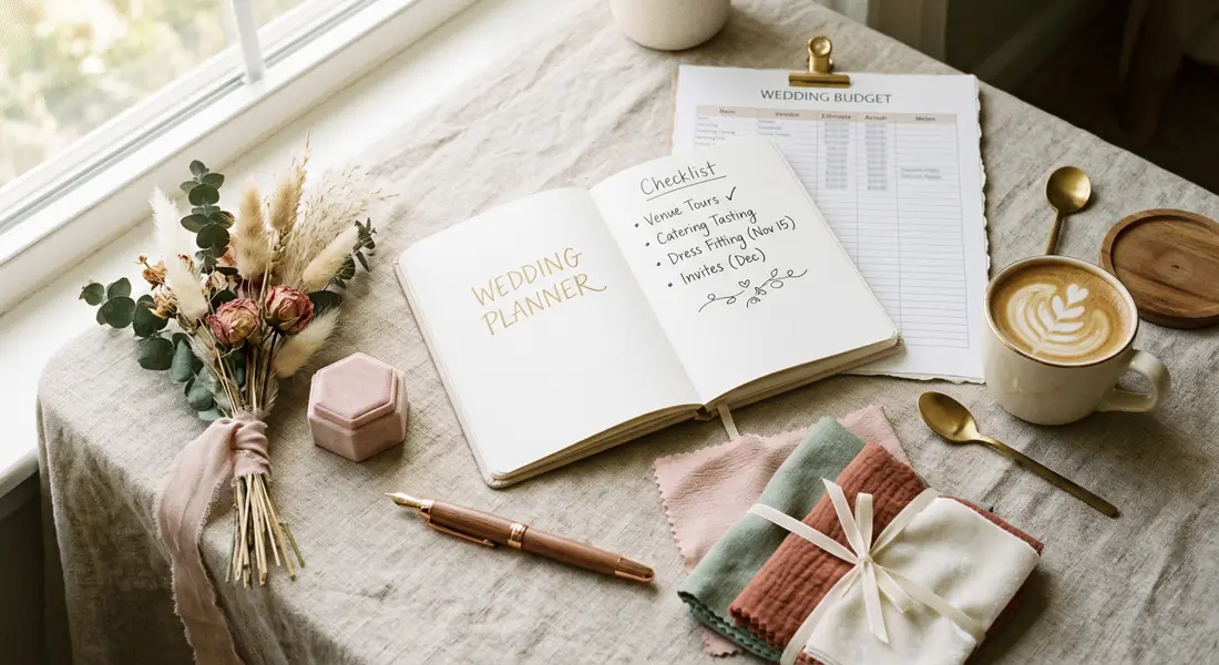 Mesa com planner de casamento aberto, planilha de orçamento, flores secas e café